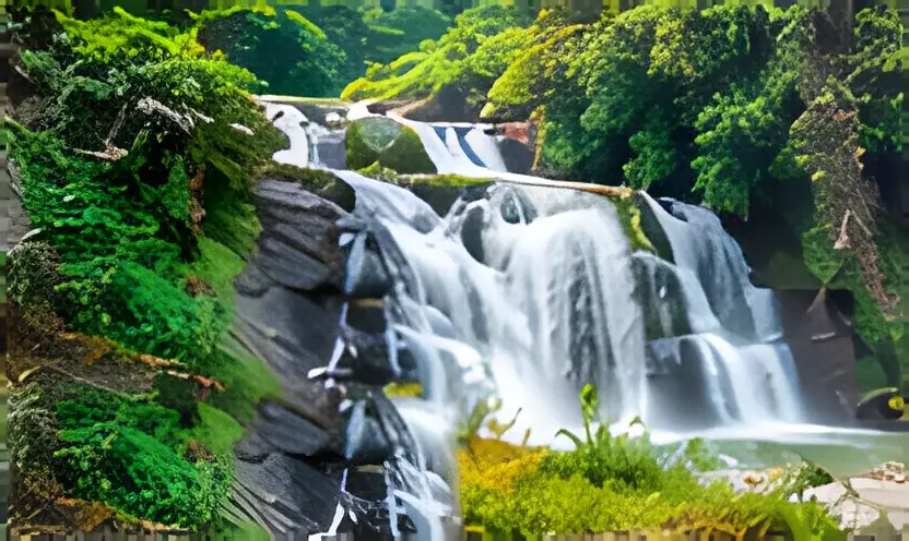 Waterfall tumbling over rocks through thick green forest in the Nilgiris