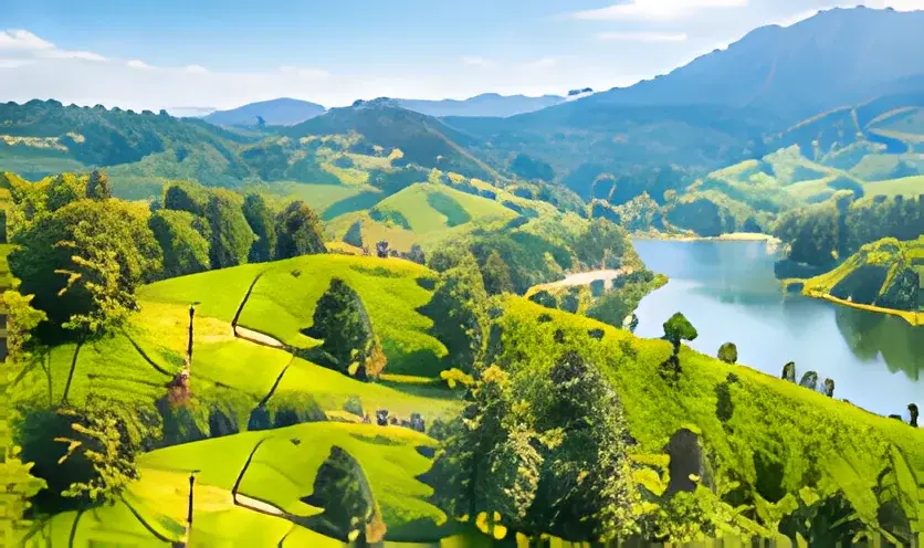 Green tea-covered hills rolling down to a lake near Ooty