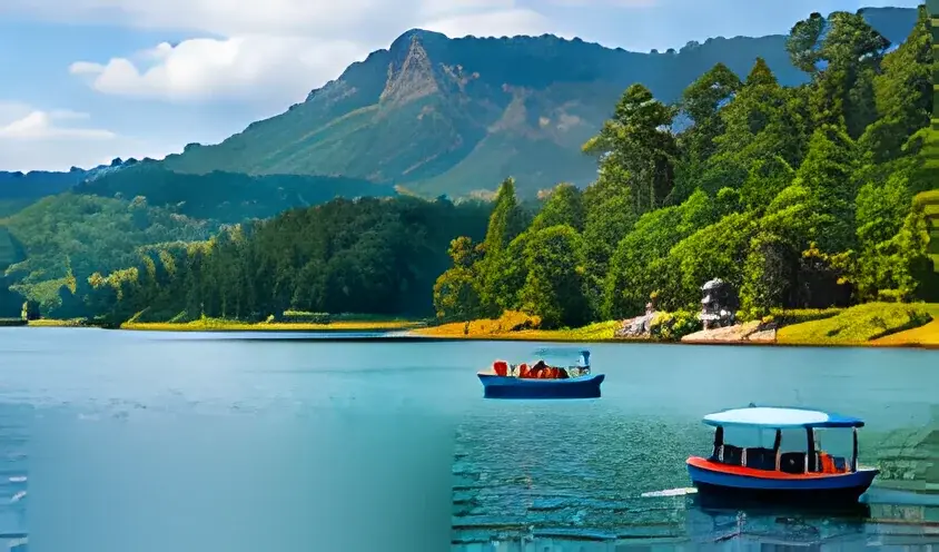 Tourist boats on a blue lake surrounded by forested hills